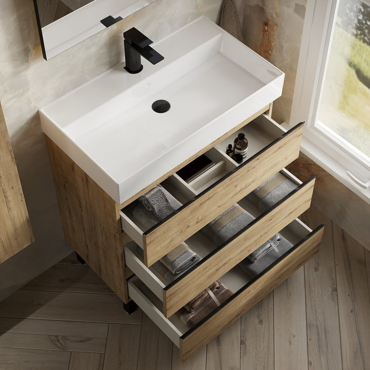 Vatilla 800mm Floorstanding Vanity Unit with Matt Black Handles - Ostippo Oak