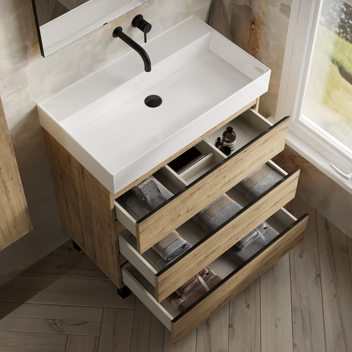 Vatilla 800mm Floorstanding Vanity Unit with Matt Black Handles - Ostippo Oak