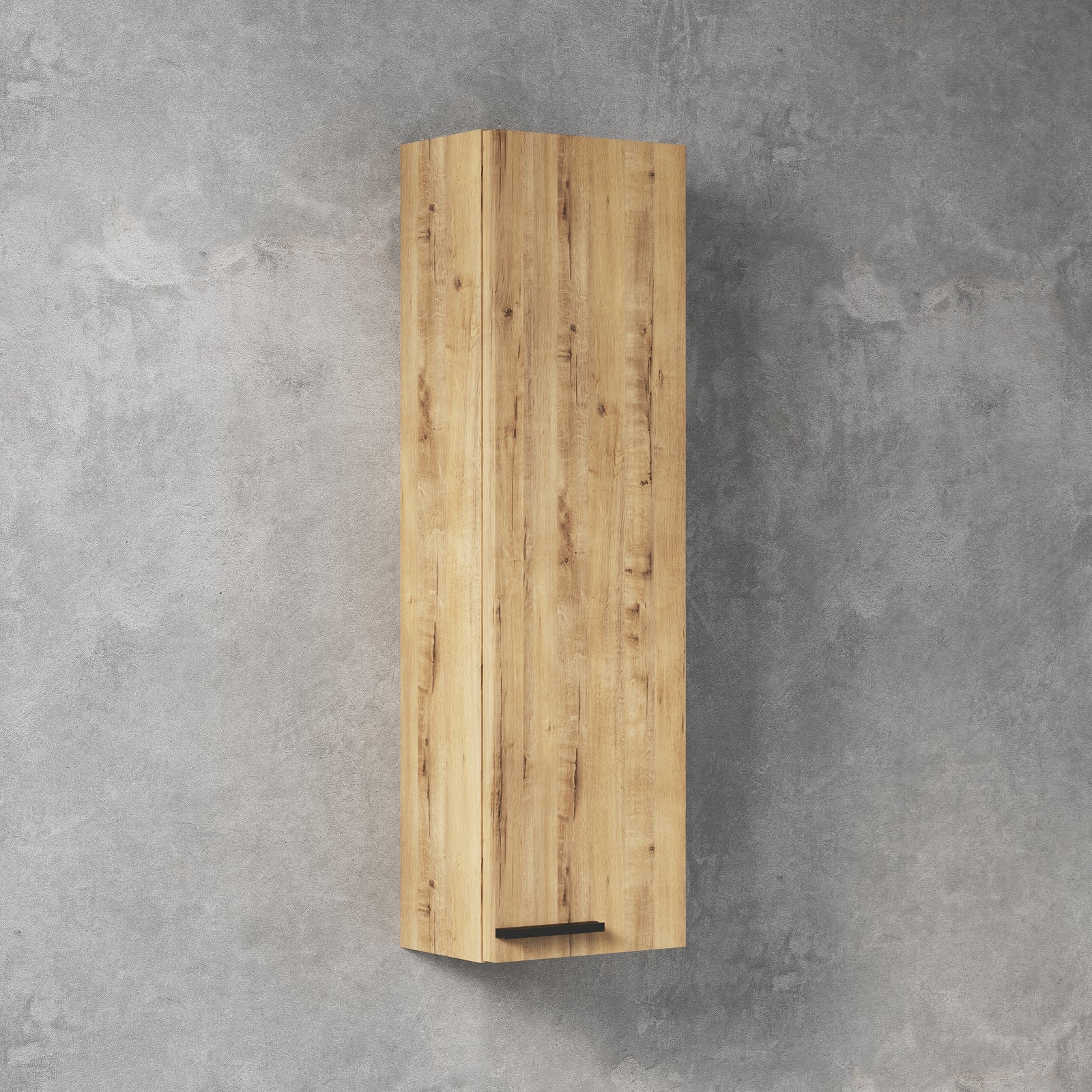 Side profile of Vatilla 700mm wall hung mini storage cabinet in Ostippo Oak finish