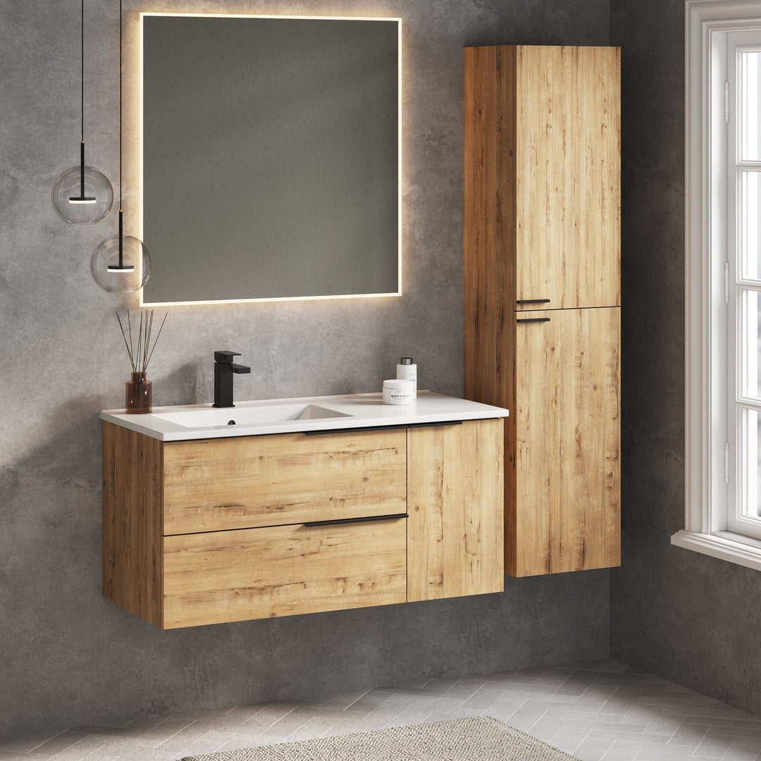 Modern bathroom design with Celtic Duo 1000mm Ostippo Oak wall hung vanity unit and basin – wall hung vanity units for sale
