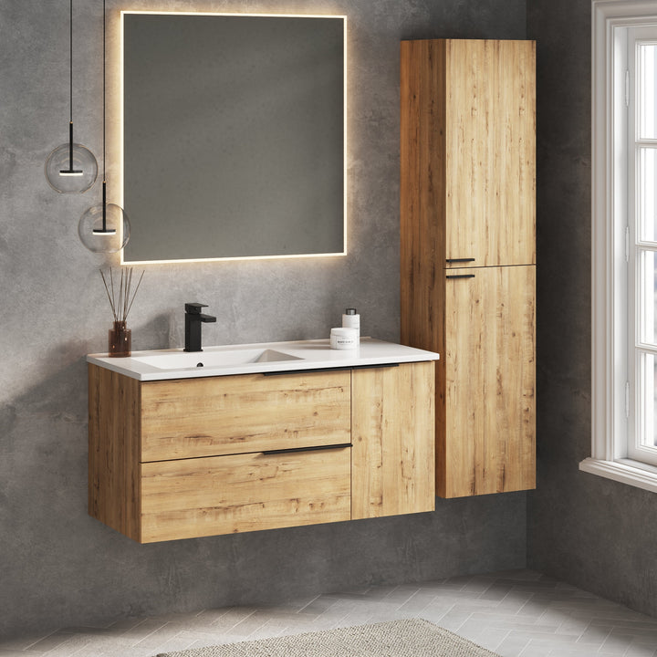 Modern bathroom design with Celtic Duo 1000mm Ostippo Oak wall hung vanity unit and basin – wall hung vanity units for sale