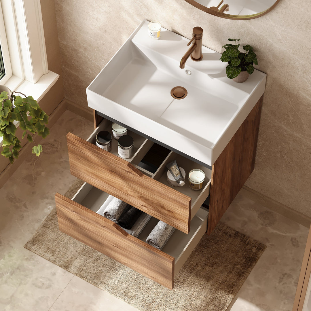 Banyetti Riva Wall Hung Vanity Unit with Veneto 1 Tap Hole Basin - 600mm Java Oak
