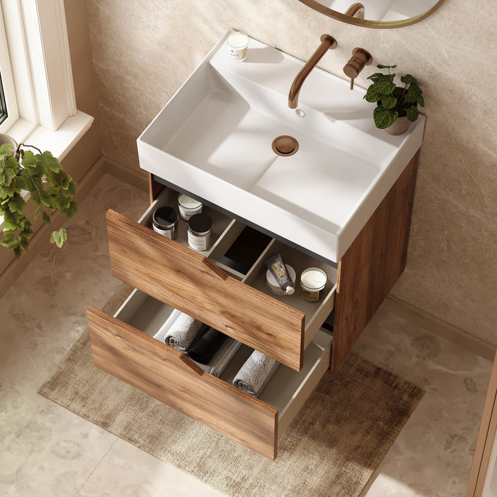 Banyetti Riva Wall Hung Vanity Unit with Veneto No Tap Hole Basin - 600mm Java Oak