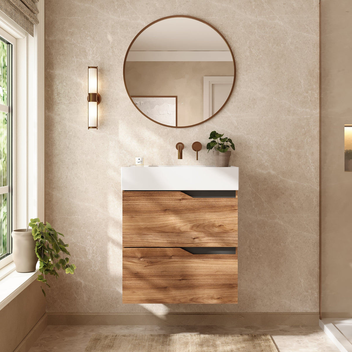 Banyetti Riva Wall Hung Vanity Unit with Veneto No Tap Hole Basin - 600mm Java Oak