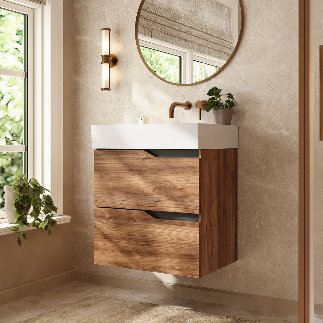 Banyetti Riva Wall Hung Vanity Unit with Veneto No Tap Hole Basin - 600mm Java Oak