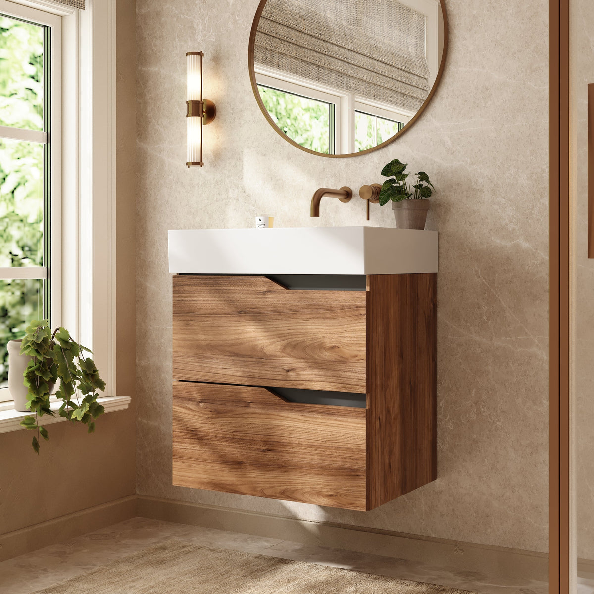 Banyetti Riva Wall Hung Vanity Unit with Veneto No Tap Hole Basin - 600mm Java Oak