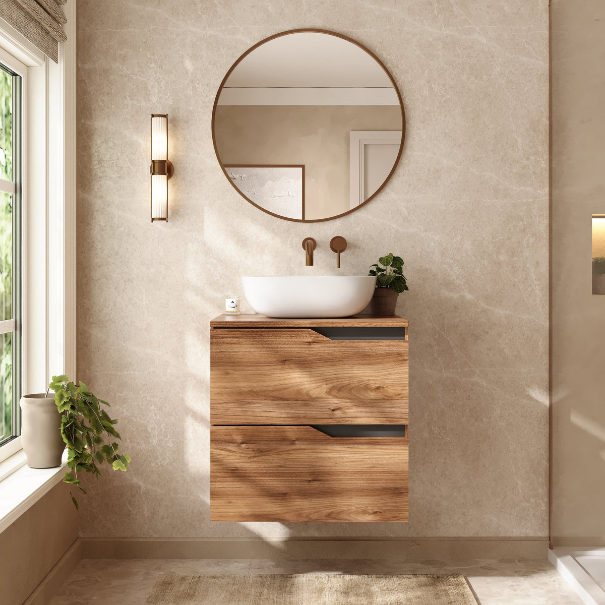 Banyetti Riva Wall Hung Vanity Unit with Matching Worktop - 600mm Java Oak
