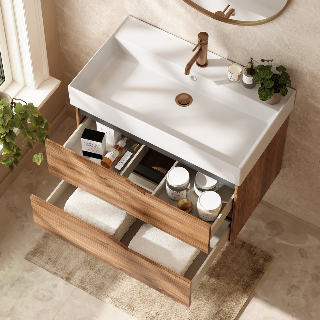 Banyetti Riva Wall Hung Vanity Unit with Veneto 1 Tap Hole Basin - 800mm Java Oak