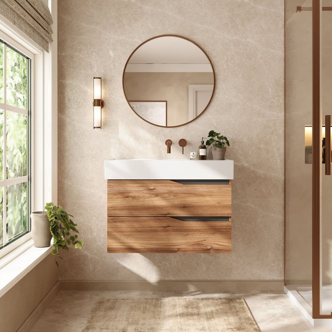 Banyetti Riva Wall Hung Vanity Unit with Veneto No Tap Hole Basin - 800mm Java Oak