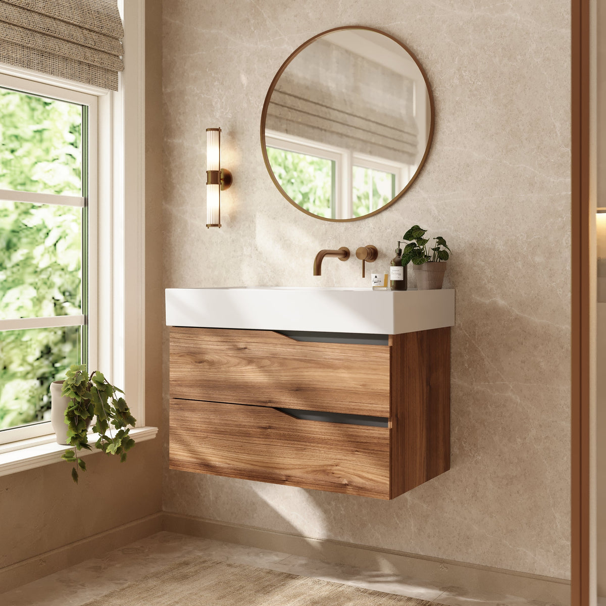 Banyetti Riva Wall Hung Vanity Unit with Veneto No Tap Hole Basin - 800mm Java Oak
