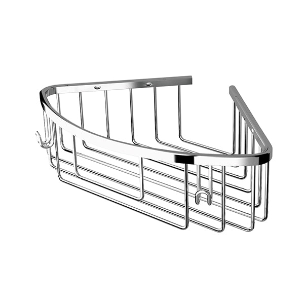 Corso single corner sponge wire basket in chrome — wall-mounted triangular shower caddy with open wire design for bath accessories
