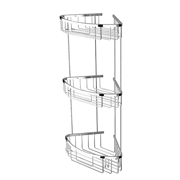 Corso triple corner sponge wire basket in chrome — wall-mounted, space-saving shower caddy with three-tiered design for toiletries