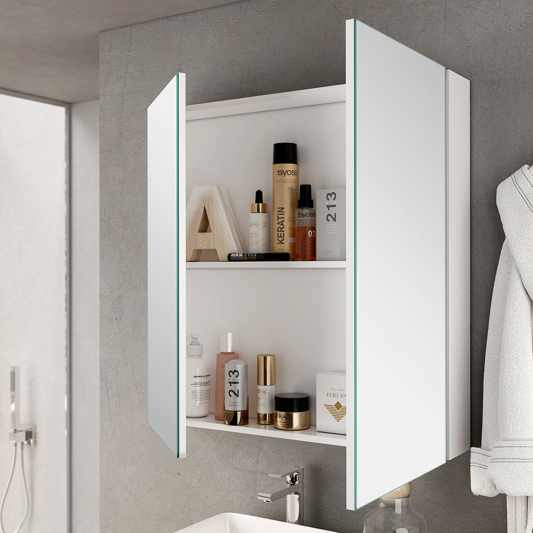 Interior of Lavio 800mm 2-door mirror cabinet with adjustable shelving for bathroom storage