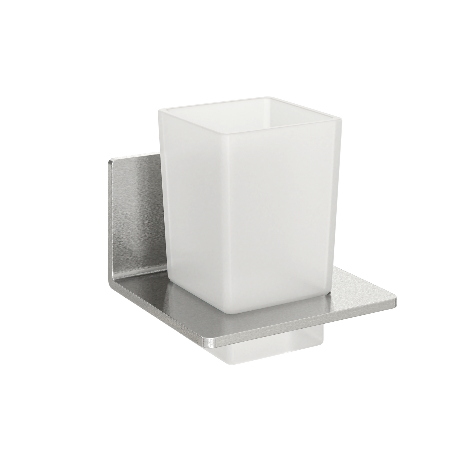 Rimini toothbrush tumbler holder in matt black — wall-mounted rectangular brass and stainless steel frame with frosted glass tumbler